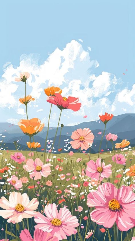 Spring Flowers Aesthetic Wallpaper, Flower Scenery Painting Easy, Flower Fields Drawing, Flower Field Mural, Field Flowers Drawing, Beautiful Nature Painting, Spring Day Drawing, Flower Scenery Painting, Aesthetic Scenery Painting