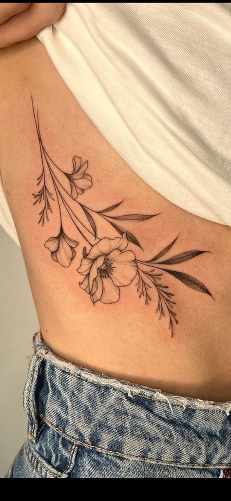 Symmetric Rib Tattoo, Okra Flower Tattoo, Floral Side Rib Tattoo, Nature Rib Tattoo, Flower Tattoos On Side Rib Cage, Leaf Rib Tattoo, Flower Ribcage Tattoo, Ribcage Flower Tattoo, Side Thigh Tattoos Women Simple