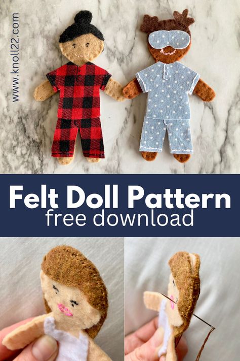 This simple hand stitched felt doll pattern is manageable for even those sewing at a beginner level. Free pattern download. Diy Pocket Dolls Free Pattern, Small Doll Pattern Free, Felt Paper Dolls Pattern Free, Felt Dolls Patterns Free, Felt Crafts Patterns Templates Free Printable, Tiny Dolls To Make Free Pattern, Felt Doll Pattern Free Templates, Free Felt Patterns, Felt Doll Tutorial