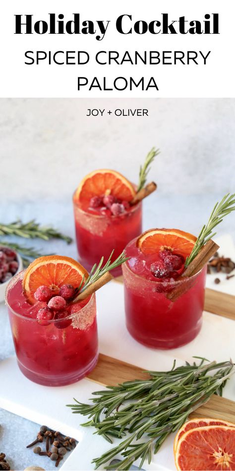 Looking for that perfect New Years Eve drink? Try these Holiday Cocktail-Spiced Cranberry Paloma! Ruby red in color and shaken up with cranberry juice, lime juice, grapefruit juice and tequila and a touch of spiced simple syrup, this is the ultimate festive cocktail! #cocktail #newyearseve #cocktails #festivedrinks Cranberry Paloma Cocktail, Cranberry Paloma, Spiced Simple Syrup, Christmas Drinks Recipes, Paloma Cocktail, Spiced Drinks, Cranberry Cocktail, Winter Cocktails, Boozy Drinks