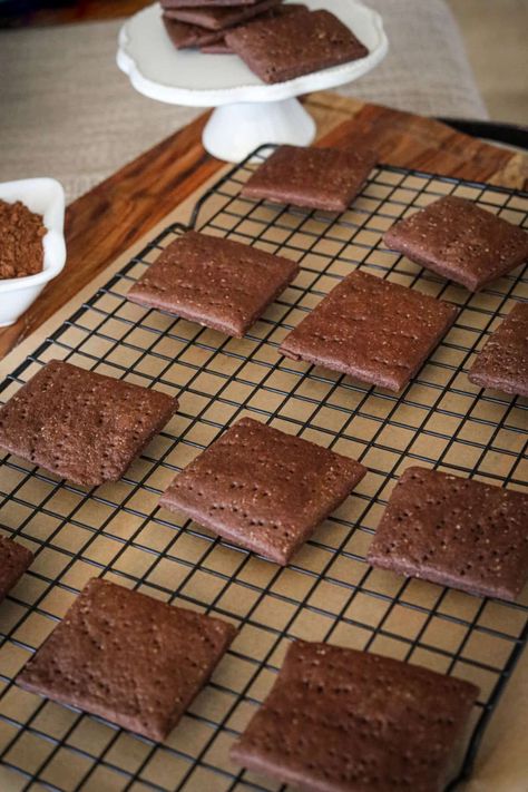 Sourdough Chocolate Graham Crackers - Cultured Food Life Sourdough Discard Chocolate Graham Crackers, Einkorn Graham Crackers, Sourdough Recipes Chocolate, Chocolate Sourdough Crackers, Sourdough Discard Valentines, Sourdough Teddy Grahams, Sourdough Discard Graham Crackers, Sourdough Baby Snacks, Sourdough Discard Freezer Recipes