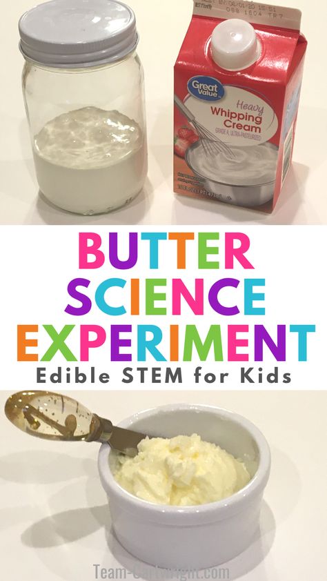 Text: Butter Science Experiment Edible STEM for Kids. Top picture: cream for experiment and jar for experiment. Bottom picture: ramekin of homemade butter from science experiment. Science In The Kitchen, Science For Homeschoolers, Easy Homeschool Science Experiments, Science At Home, Making Butter In The Classroom, Homeschool Preschool Activities Science Experiments, Stem Baking Activities, Making Butter With Preschoolers, Fun Preschool Science Experiments