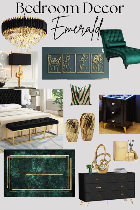 Black and gold bedroom decor items with emerald green accents items. Dark Green Gold And Black Bedroom, Black Emerald Gold Bedroom, Emerald Green Cream And Gold Bedroom, Dark Green And Gold Room Aesthetic, Green And Gold Room Ideas Bedroom, Emerald Green Gold Bedroom, Black Green Gold Bedroom, Emerald Green And White Bedroom, Emerald Green And Gold Bedroom Ideas