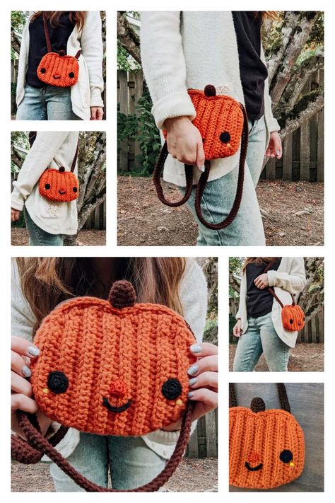 Amigurumi Pumpkin Trick Bag Free Pattern-4 7 Beginner Crochet Purse Pattern Free, Pumpkin Purse Crochet, Jackolantern Crochet Pattern, Crochet Pumpkin Purse Pattern, Fall Crochet Ideas To Sell, Pumpkin Crochet Bag, Small Crochet Items To Sell, Fall Purses 2023, Crochet Halloween Bag