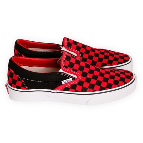 Vans Red And Black Checker Slip-Ons | Hot Topic (67 PEN) ❤ liked on Polyvore featuring shoes, sneakers, vans, red, red trainer, red slip on shoes, red shoes, canvas slip on shoes and canvas slip on sneakers Black Checkered Vans, Red And Black Vans, Vans Boots, Groomsmen Shoes, Vans Shoes Fashion, Red And Black Shoes, Shoe Tattoos, Checkered Shoes, Cute Vans