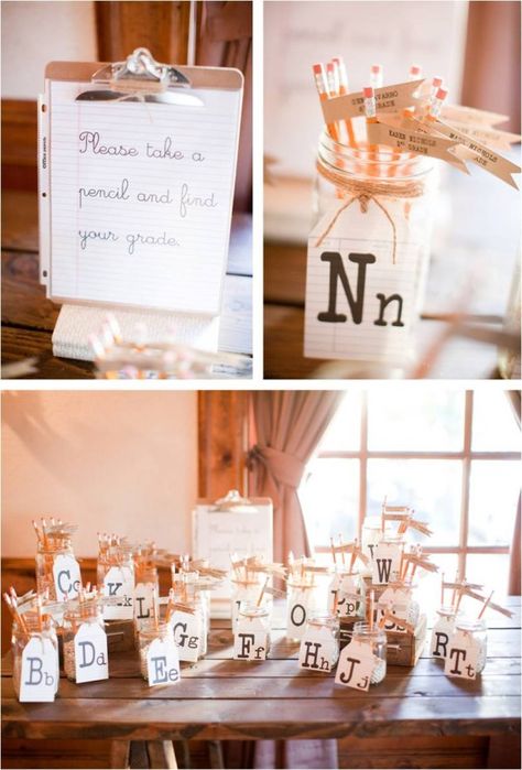 "please take a pencil, and find your grade" pencil seating chart - school theme Teachers Wedding Ideas, Teacher Theme Wedding, School Themed Wedding, School Theme Centerpieces, Jenna And Matt, Schoolhouse Wedding, Old School Wedding, Chart School, Wayfarers Chapel