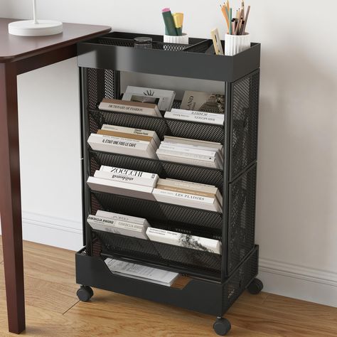 PRICES MAY VARY. Carbon Steel DOUBLE SIDED DESIGN: 5 tier rolling book cart with wheels for storage and space saving. Double Sided Slim Narrow Book Shelf Cart is made of high quality metal, unlike traditional plastic material weight capacity and easy to tip over. Our this one can hold up to 88 pounds, sturdy and durable, not easy to tip over. BOTTOM MOVABLE WHEELS DESIGN: The bottom with 4 movable wheels (2 can be locked, when can not move the state, please check whether the wheels are in a lock Piano Bookshelf, Mobile Bookshelf, Rolling Bookshelf, Sheet Music Storage, Glass Bookshelves, Adjustable Bookshelf, Rolling Carts, Movable Storage, Book Cart