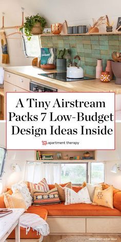 This tiny airstream packs 7 brilliant budget-friendly design ideas into 220 square feet. #airstream #tinyhouse #tinytour #smallspaces #smallspacedecor #smallspaceideas #tinyhouseliving #airstreamideas #decorideas #cheapdecorideas Airstream Interior Renovation, Boho Airstream Interior, Airstream Airbnb Ideas, Airstream Renovation Ideas, Small Airstream Remodel, Renovated Airstream Interior, Airstream Interior Design, Airstream Basecamp Decorating Ideas, Airstream Organization Ideas