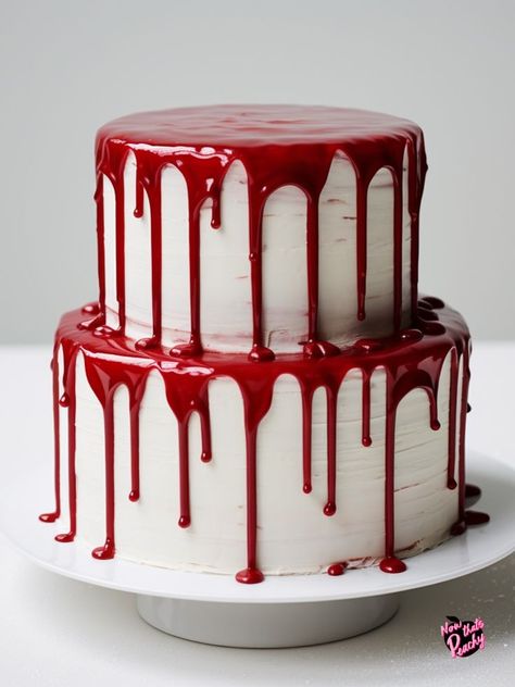 tired white buttercream frsoted vintage cake with dripping red editable blood on white cake stand and white background Horror Birthday Party, Spooky Desserts, Horror Wedding, Horror Birthday, Horror Cake, Horror Themed Party, Spooky Cake, Soirée Halloween, Halloween Birthday Cakes