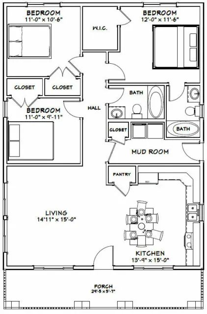 Dream House Plans 3 Bedroom, 30x36 Floor Plans, 32x60 House Plans, 3 Bedroom 2 Bathroom House Plans, Adu Homes, Floor Plan 3 Bedroom, 3 Bedroom Home Floor Plans, 1500 Sq Ft House, 30x40 House Plans