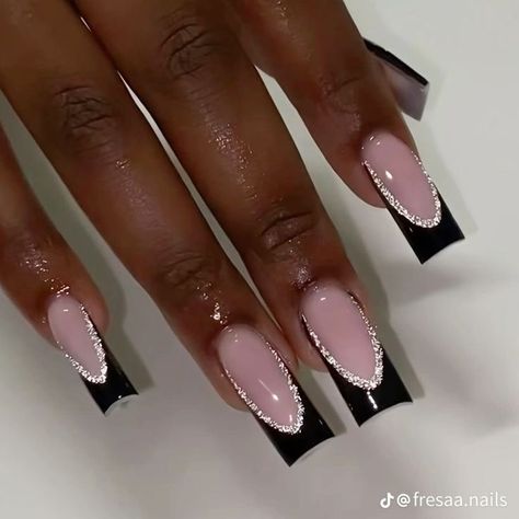 Nail Inspo For Black Prom Dress, Black French Tip Nails Glitter, Black French Tip With Glitter, Black Prom Nails, Black Acrylic Nail Designs, Black French Tip, Graduation Nails, Black Acrylic Nails, Hard Nails