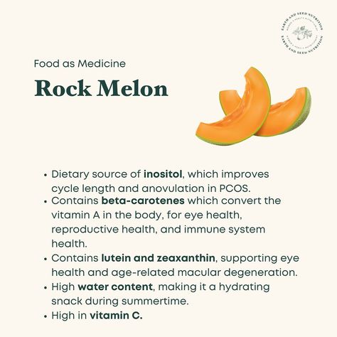 Containing inositol and a variety of different carotenes, rock melon is an excellent food for women’s reproductive health 🍈 🧡 Carotenes give foods an orange pigment, and are responsible for a lot of their health benefits 🟠 We know vitamin A is good for eye health, but the carotenes lutein and zeaxanthin are lesser known but just as protective of eye health 👁️ Do you get enough orange foods on your plate every day?🧡🍈🍊🥕👀 Orange Foods, Beta Carotene, Orange Recipes, Reproductive Health, Eye Health, Vitamin A, Immune System, Melon, Vitamin C