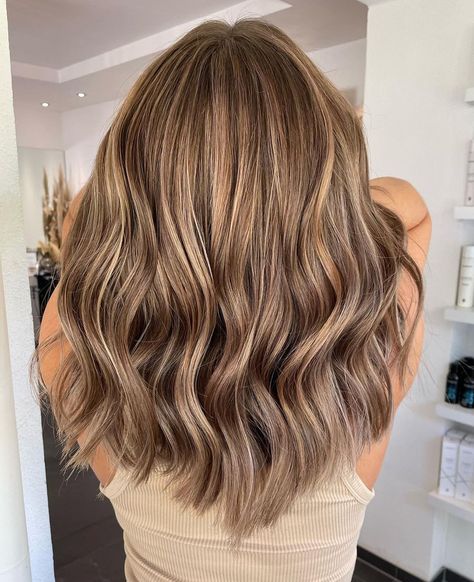 Golden Beige Brown Hair Color Idea Beige Blonde Brown Hair, Toffee Cream Hair Color, Light Toffee Brown Hair, Golden Beige Brown Hair, Ash Gold Hair, Medium Golden Brown Hair With Highlights, Dorit Hair Color, Ashy Golden Brown Hair, Coffee Beige Hair Color