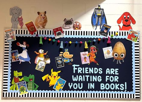 Welcome Back Hallway Display, Book Character Display, Library Book Return Box Cute Ideas, Book Bulletin Board Preschool, Library Section Signs, Class Library Bulletin Board, Classroom Book Theme, Literacy Room Decor, Back To School Bulletin Board Ideas For Library