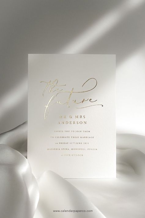 Gold Vellum Wedding Invitations, Gold White Wedding Invitation, Foiled Wedding Invitations, Foiled Invitations, White And Gold Wedding Invitations, Wedding Invitations Minimalist, Gold Wedding Invite, Gold Foil Invitations, Engagement Invites