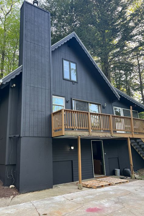 Sw Black Magic Exterior, Black Magic Exterior Paint, Black Chimney Exterior, Cabin Stain Colors Exterior, Sherwin Williams Black Magic Exterior, Black Magic Sherwin Williams Exterior, Sherwin Williams Dark Night Exterior, Black Cabin Exterior, Black Fox Sherwin Williams Exterior