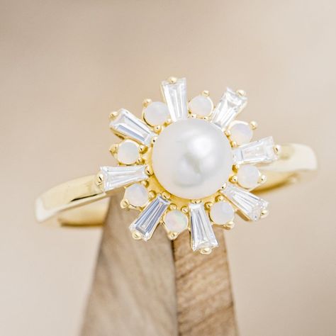 "DOROTHEA" - WHITE AKOYA PEARL ENGAGEMENT RING WITH DIAMOND & OPAL ACCENTS Engagement Ring With Opal, Senior Rings, Wedding Ring Styles, Pearl Engagement Ring, Staghead Designs, Pearl And Diamond Ring, Ring With Diamond, Dream Engagement Rings, Rose Gold Engagement