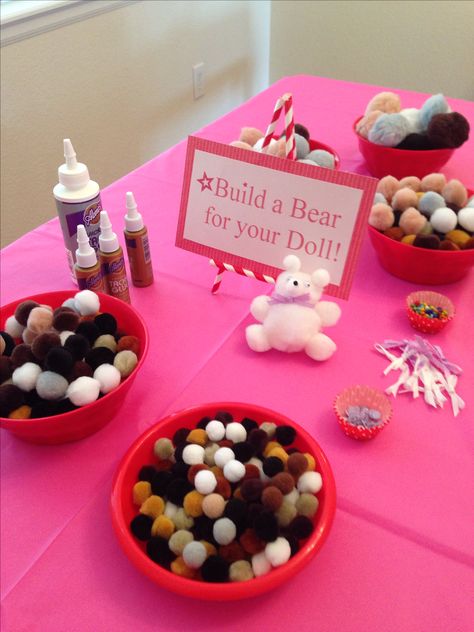 American girl doll party craft station Doll Party Birthday, Dolly And Me Tea Party, Dolly And Me Birthday Party, American Girl Themed Birthday Party, American Girl Doll Party Ideas, American Girl Party Ideas, Ag Doll Crafts Diy, Baby Doll Birthday Party, Doll Party Ideas