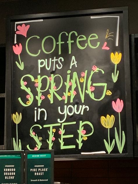 Chalkboard Signs Coffee Shop, Coffee Boards Chalkboards, Spring Restaurant Chalkboard, Barista Of The Week Board, Chalk Sign Ideas Store, Coffee Shop Boards Chalkboards, Coffee Chalkboard Ideas, Spring Coffee Shop Signs, Coffee Shop Chalkboard Art