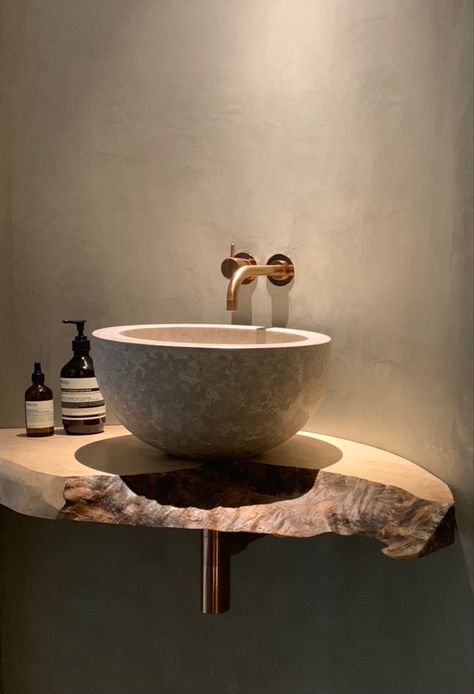 Curved Sink Vanity, Vola Taps, Rustic Washroom, Shelf Above Sink, Cloakroom Sink, Small Toilet Design, Stone Bathroom Sink, Stone Sinks, Japanese Bathroom