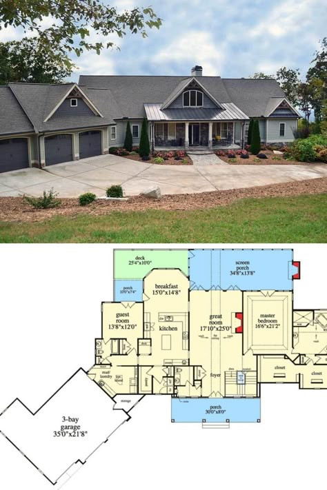 View of the lovely craftsman exterior, garage, driveway, and front yard landscaping of this one story mountain house plan for sloped lots. It has 5 bedrooms, 4.5 bathrooms, and photos of luxury elegant ranch interior. Get this over 2500 sq ft floor plan, home layout and blueprint at: https://www.architecturaldesigns.com/house-plans/mountain-ranch-with-walkout-basement-29876rl?cjevent=f5ff41c3e20911ea8305004f0a180512 #MountainHousePlans #SlopedLotHousePlans #HousePlans Ranch Style With Basement Floor Plans, Walk In Basement House Plans, Walkout Ranch Floor Plans, Ranch On Basement Floor Plans, House Floor Plans One Level 3000 Sq Ft, 2 Story House With Walk Out Basement, Walkout Basement Layout Ideas, Angle House Plans, 4 Bedroom Ranch House Plans With Walkout Basement