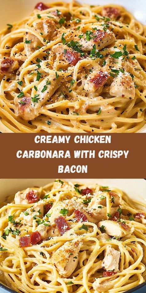 Indulge in the perfect blend of creamy, cheesy goodness and crispy bacon with this quick and delicious Chicken Carbonara. Ingredients: 2 chicken breasts, sliced into strips 200g (7 oz) spaghetti or your favorite pasta 150g (5 oz) bacon, chopped 2 large eggs 1 cup grated Parmesan cheese 2 cloves garlic, minced Salt and pepper to taste Fresh parsley, chopped (for garnish) 1/2 cup pasta water (reserved) 1 tablespoon olive oil Best Ever Chicken Carbonara, Pasta With Bacon Carbonara, Spaghetti Carbonara With Chicken, Carbonara Pasta Bacon, Cabanara Pasta Recipe Bacon Chicken, Creamy Chicken Carbonara Recipe, Chicken Carbonara Pasta Recipe, Chicken Carbonara Crockpot, Bacon Cream Cheese Spaghetti