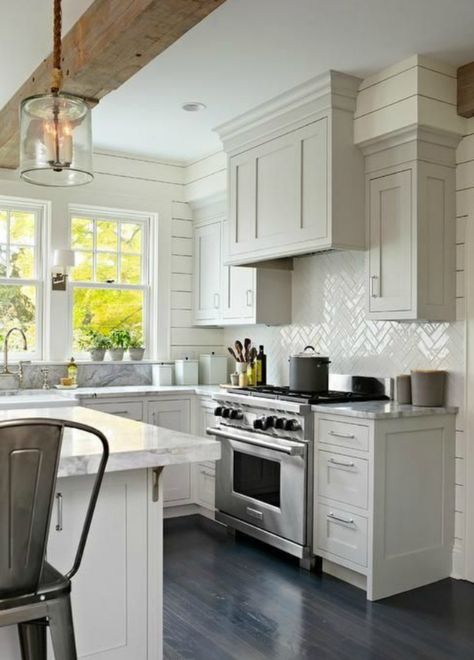 White Herringbone Tile Backsplash, Herringbone Tile Backsplash, Farmhouse Gray, Серая Кухня, Kitchen Tour, Shaker Kitchen Cabinets, Kabinet Dapur, Herringbone Backsplash, Cabinets White