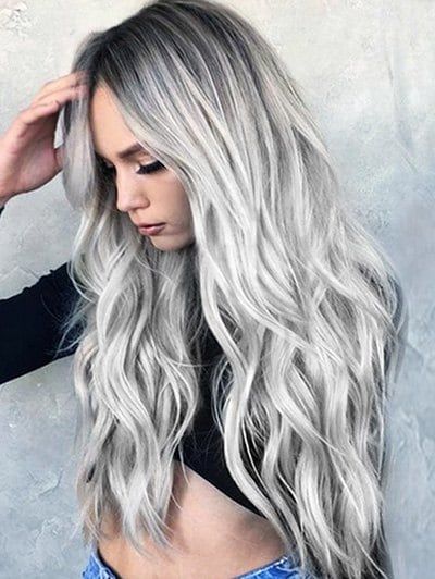 2018 Long Middle Part Wavy Colormix Synthetic #Wig In #Silver | Rosegal.com Kadeřnické Trendy, Long Curly Wig, Curly Hair Wig, Ombré Hair, Hair Color Purple, Brown Blonde Hair, Ombre Hair Color, Long Blonde, Long Blonde Hair