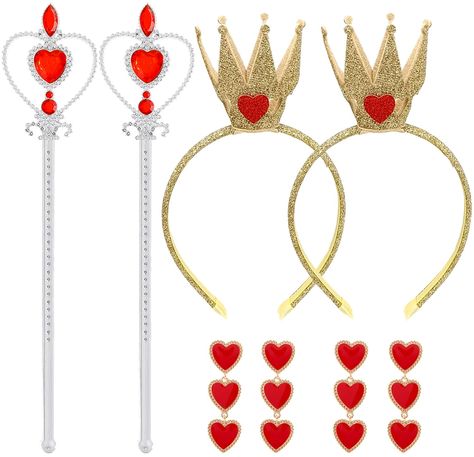 PRICES MAY VARY. Package includes: you will receive 6 pieces Halloween queen cosplay accessories, which include 2 pieces crown headband, 2 pieces scepter wand and 2 pieces heart dangle ear decor. 2 sets cosplay accessories, you can share them with your friends or familes Reliable material: the red heart ear decor is made of alloy material, the crown headband is made of glitter cloth, the red heart stick is made of plastic, which can serve for a long time Halloween cosplay costume: these Hallowee Gold Crown Headband, Queen Of Hearts Halloween Costume, Queen Of Hearts Halloween, Valentines Accessories, Heart Costume, Queen Of Hearts Costume, Queen Earrings, Red Heart Earrings, Heart Rhinestone