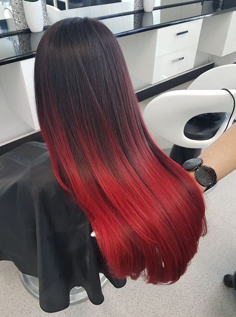 Ombre Black To Red Hair, Black And Red Ombré Hair, Ombre Coloured Nails, Long Red And Black Hair, Black Into Red Hair, Black Hair With Red Ombre, Black And Red Hair Ombre, Red Black Ombre Hair, Black To Dark Red Ombre Hair