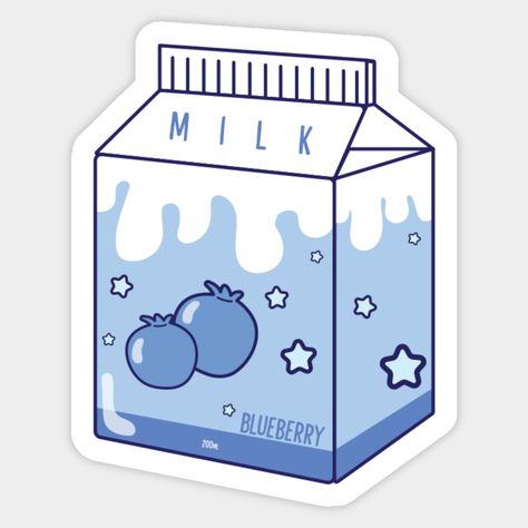 Kawaii Drink Stickers, Cute Milk Sticker, Blue Food Drawing, Kawaii Drinks Drawing, Blueberry Milk Aesthetic, Blue Kawaii Stickers, Milk Bottle Aesthetic, Japanese Stickers Aesthetic, Milk Aesthetic Wallpaper