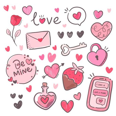 Doodle Valentines Day, Valentines Day Aesthetic Drawing, Valentines Day Elements, Cute Valentines Stickers, Valentines Day Journal Ideas, Valentine’s Day Clipart, Cute Valentines Doodles, Valentines Day 2024, Valentine’s Day Stickers