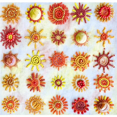 It's summer and the heat is on!  Colorado has a lot of sunny days, so I was inspired to do a quilt-like sampler of sun designs.  There are 25 different sun designs using a simple palette of yellows, oranges, and reds.  In this design I use a number of different bead finishes such as crystal, matte, and shiny.  It measures 6.75 inches by 7 inches. The design is printed in color on a stitch-able backing fabric.  Lit instructions include bead colors and sizes, and additional supplies you'll need, a Flower Beading Embroidery, Beads On Clothes Diy, Sun Bead Pattern, Different Colors Of Orange, Simple Bead Designs, Bead Embroidery Inspiration, Sun Bead Embroidery, Beading Embroidery Patterns, Beaded Embroidery Inspiration