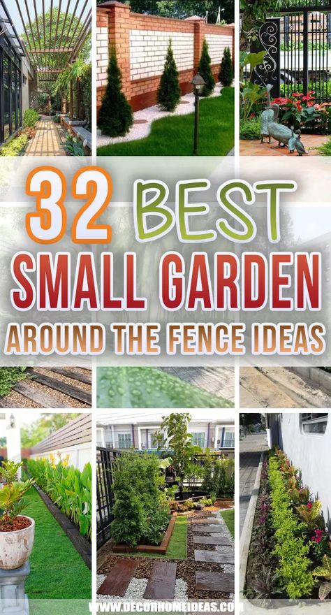 Landscping Small Garden Around The Fence Ideas. Spruce up the space around the fence with these beautiful landscaping ideas for small gardens. Add flowers, mulch, or river rocks to create more charm along the fence. #decorhomeideas Side Fence Garden Ideas, Garden On A Fence Ideas, Small Lawns Ideas, Narrow Gardens Along Fences, Small Side Garden Design, Small Fenced Garden Ideas, Small Fenced Patio Ideas, Fences With Plants, Garden Along Fence Ideas