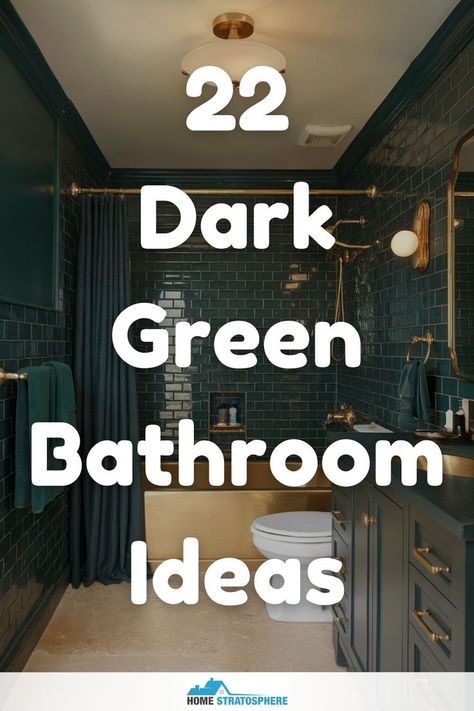 A dark green bathroom with glossy tiles and gold finishes, showcasing a large vanity and a cozy, stylish atmosphere. Green Bathroom Small Ideas, Green And Slate Bathroom, Masculine Green Bathroom, Essex Green Benjamin Moore Bathroom, Dark Green Restroom Ideas, Green Bathroom Vanity Brown Granite, Pine Green Bathroom, Black Floor Green Walls Bathroom, All Green Bathroom Ideas