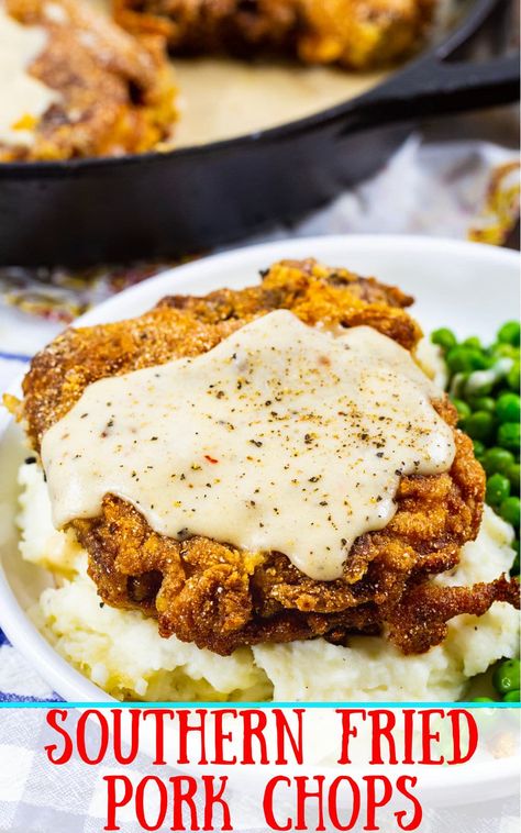 Southern Fried Pork Chops with White Gravy Pork Chops With White Gravy, White Gravy For Pork Chops, Oven Fried Pork Chop Recipes, Healthy Fried Pork Chops, Southern Fried Pork Chops And Gravy, Southern Pork Chops And Gravy, Fried Bone In Pork Chops Skillet, Southern Fried Pork Chop Recipes, Battered Pork Chops