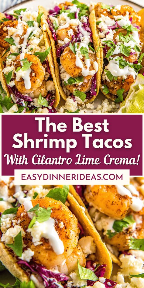 Shrimp Tacos With Lime Crema, Cajun Shrimp Tacos With Slaw, Low Cal Shrimp Tacos, Shrimp Tacos With Pico De Galo, Recipes For Shrimp Tacos, Fish And Shrimp Tacos Recipes, Shrimp Soft Taco Recipe, Taco Recipes Shrimp, Shrimp Fish Tacos