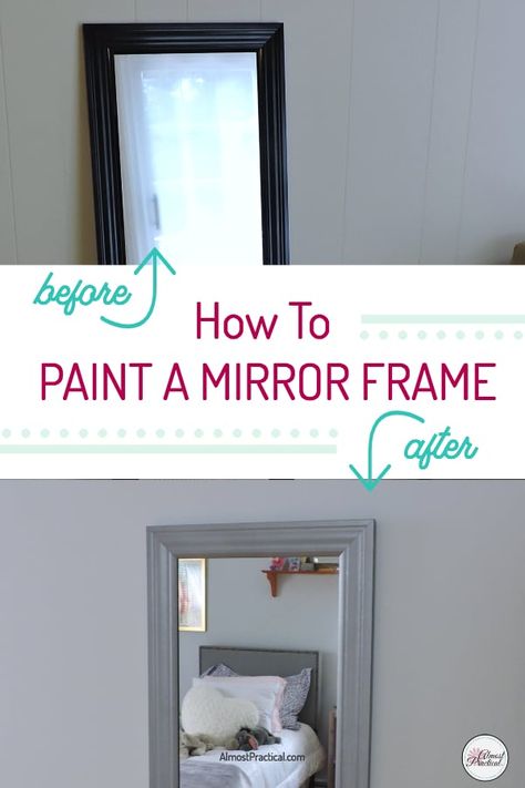 This DIY full length mirror frame makeover is an easy redo. I painted an inexpensive old black mirror silver to decorate the wall in my daughter's bedroom. Click over to see how to make one, too. #DIY #homedecor #mirror #makeover #crafts #walldecor #upcycle #homeimprovement #decorating #design #interiordesign  via @AlmostPractical Paint Round Mirror Frame, Mirror Frame Makeover Paint, Paint Mirror Ideas, How To Paint Mirror, Mirror Frame Makeover Diy, Paint Mirror Frame Diy, How To Paint A Mirror Frame, Decorate A Mirror Frame, Mirror Redo Diy