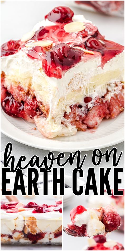 Delicious layers of angel food cake, tart cherries, sweet pudding, and whipped cream come together to create a decadent dessert worthy of the name. Lighter than air, Heaven on Earth Cake is blissfully out of this world. Almost Heaven Cake, Earth Dessert, Million Dollar Cake Recipe, Sweet Casserole, Heaven On Earth Cake, Whip Cookies, Cherry Recipe, Refrigerator Cake, Angel Food Cake Desserts