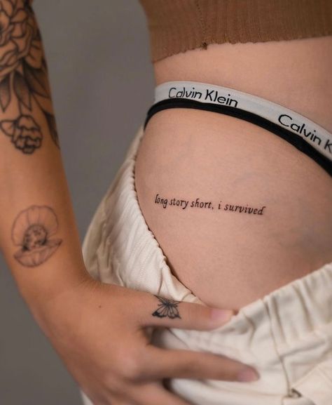 Women Leg Tattoo Ideas Unique, Loner Tattoos For Women, Sa Tattoos For Women, Tattoo Ideas Female Meaningful Quotes For Women, Quaint Tattoos, Sentence Tattoo Placement, Collar Bone Tattoos For Women Quotes, Cute Tattoos Words, Hit Me Hard And Soft Tattoo