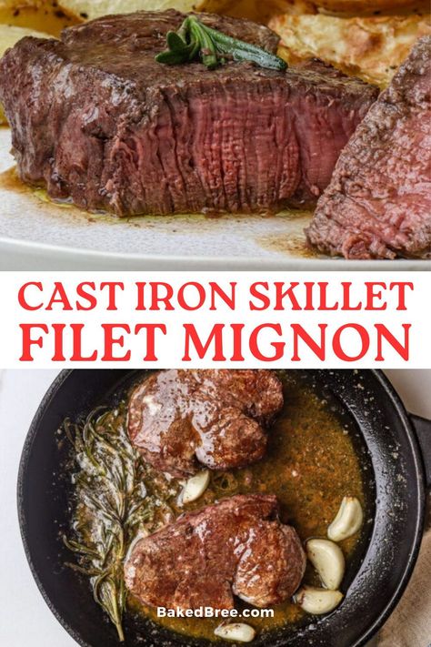 Tender filet mignon cooked to perfection in a cast iron skillet with butter, garlic, and rosemary. A savory delight awaits!" Cast Iron Skillet Recipes Steak, Cast Iron Skillet Fish Recipes, Beef Tenderloin Steak Recipes Cast Iron, Steak Cooked In Cast Iron Skillet, Filet In Cast Iron, Garlic Rosemary Steak, Cooking Filet Mignon In Cast Iron, Steak In A Cast Iron Skillet, Filet Mignon Stove Top