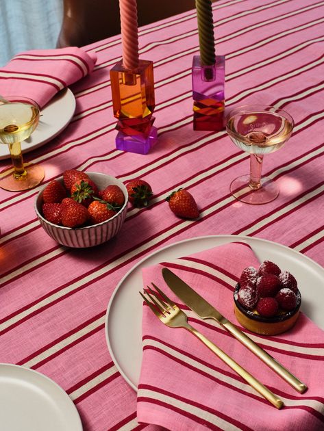 Raspberry Stripe Napkin Set Striped Tablecloths, Pop Bottles, European Linens, Linen Set, Throw Quilt, Modern Dining, Napkins Set, Stripe Print, Bright Pink