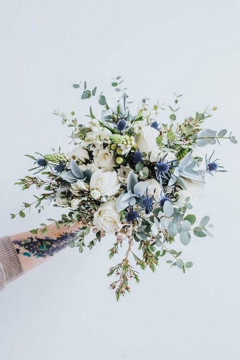 Green Wedding Bouquet, Blue Wedding Bouquet, Dusty Blue Weddings, Bride Bouquets, Green Wedding, Blue Wedding, Spring Wedding, Pretty Flowers, Winter Wedding