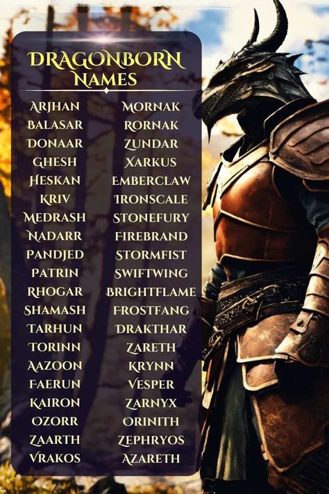 Dragonborn Names Fantasy Races List, Fantasy Last Names With Meaning, Names That Mean Dragon, Dragon Names Ideas, Dragonborn Oc, Dragonborn Names, Fantasy Story Ideas, Fantasy Character Names, Female Character Names