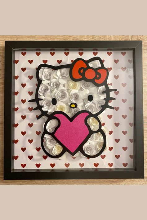 Hello kitty, Paper flower shadow box, paper flower, paper flower diy, hearts , paper flower shadow box, paper flower shadowbox idea Valentines Shadow Box Ideas, Hello Kitty Cricut Projects, Hello Kitty Gift Ideas Diy, Shadowbox Ideas Diy, Diy Hello Kitty Crafts, Hello Kitty Cricut, Character Shadow, Kitty Paper, Heart Shadow Box