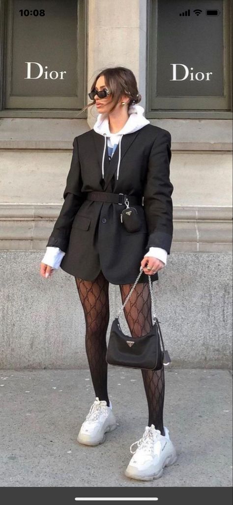 Prada Blazer Outfit, Biker Shorts Winter Outfit, Winter Biker Shorts Outfit, Thick Tights Outfit Winter, Sweatshirt With Blazer Outfit, Gucci Black Shorts, Tights With Sneakers Outfits, Tights And Blazer Outfit, Blazer Dress And Sneakers Outfit