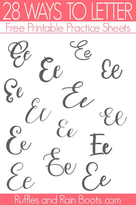 Get better at brush lettering with these 'ways to letter e' free practice sheets. Click to get the free download and improve your modern calligraphy. #handlettering #lettering #brushlettering #calligraphy #rufflesandrainboots Letter Practice Sheets, Hand Lettering Practice Sheets, Brush Lettering Practice, Hand Lettering Worksheet, Learn Hand Lettering, Hand Lettering Styles, Calligraphy Brush, Hand Lettering Practice, Alfabet Letters