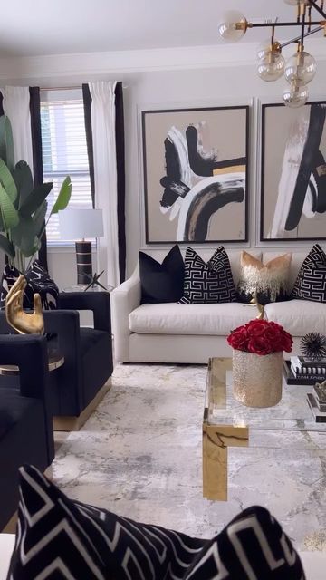 Apartment Basics, Black And Gold Living Room, Stylish Living Room Furniture, Black And White Furniture, Glam Living Room Decor, Black Living Room Decor, Apartment Decorating Living, Gold Living Room, Glam Living Room