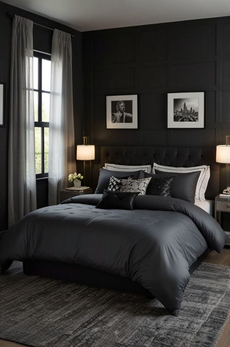 Moody Grey Bedroom, Grey And Black Bedroom, Decorating With Black, Black Bedroom Ideas, Black Bedroom Design, Cozy Bedroom Ideas, Black Accent Walls, Moody Bedroom, Bedroom Design Inspiration