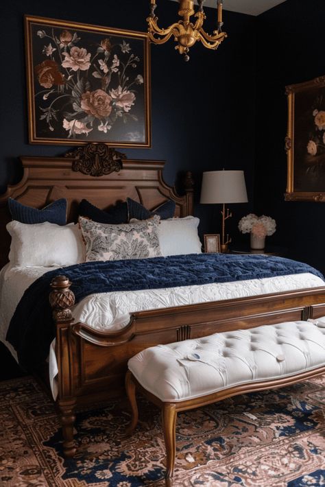 classic moody bedroom in dark blue Velvet Blue Bedding, 1800s Bedroom Ideas, Moody Rug Bedroom, Classic House Design Interior Bedroom, Primary Bedroom Bay Window, Dark Blue Romantic Bedroom, Dark Blue Victorian Bedroom, Calm Master Room, Bedroom Ideas Victorian House